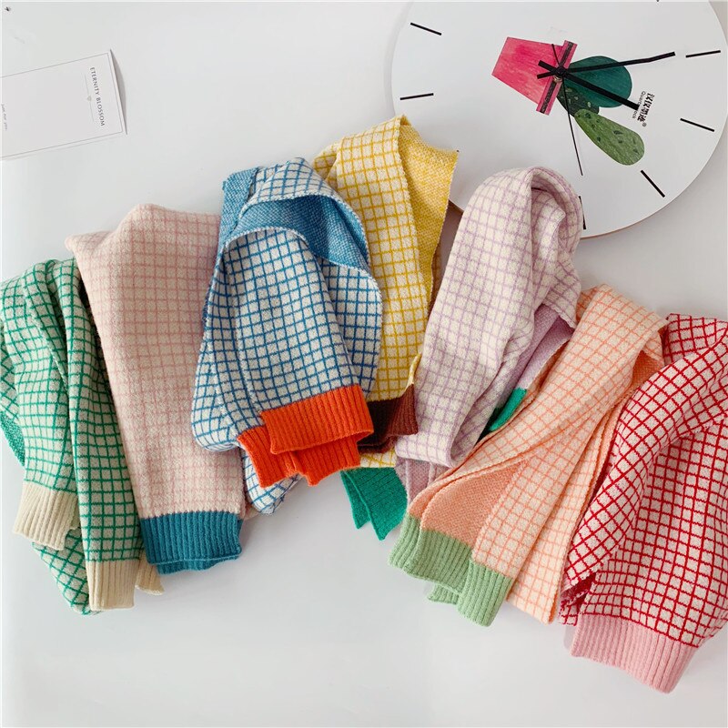 Kids Scarf Autumn Korean Version Children&#39;s Knitted Lattice Baby Bib Wool Knitting Winter Warm Girls Boys Scarves
