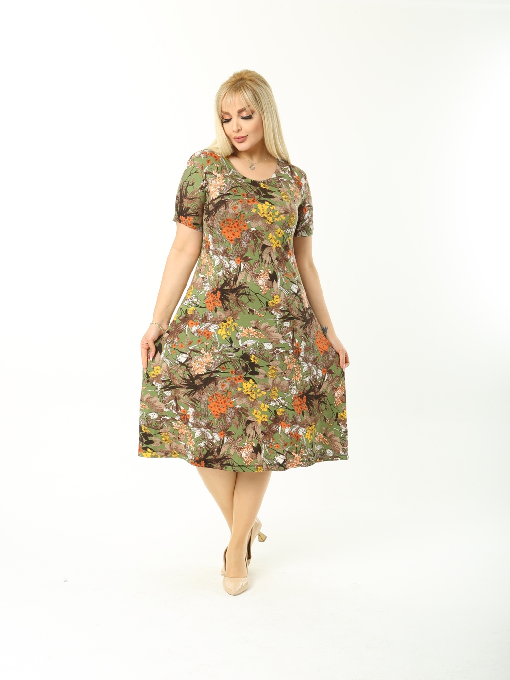 Robe mi-longue en Lycra pour femmes, vêtement mi-longue, décontracté, jaune, marron, fleurs, longueur aux genoux, Viscose tricotée, fabriqué en turquie, grande taille, été, 2022