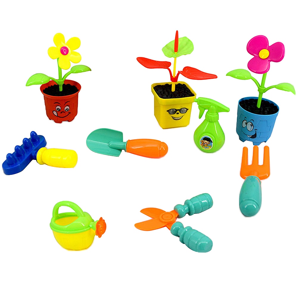 9 Pieces Pretend Garden Tools Toy Set Potted Plastic Flower Preschool Educational Toy for Toddlers Planting Flowers Tool Set