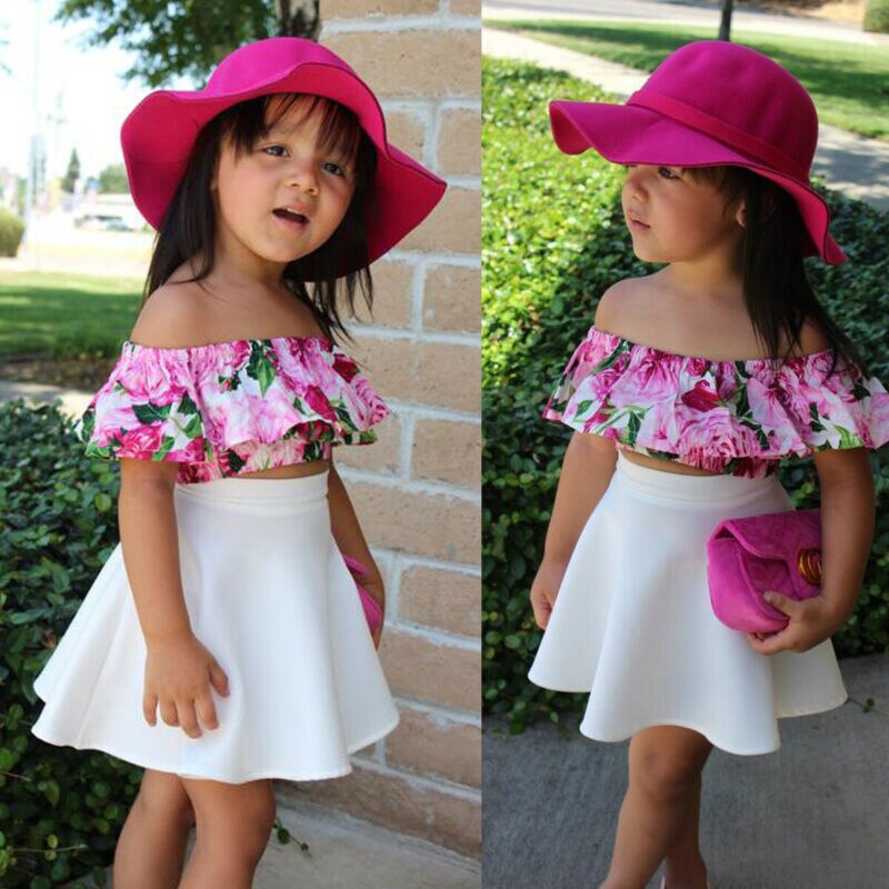 Set van 2 zomerkleding voor peuters en meisjes, een off-shoulder topje, rokje en jurkje