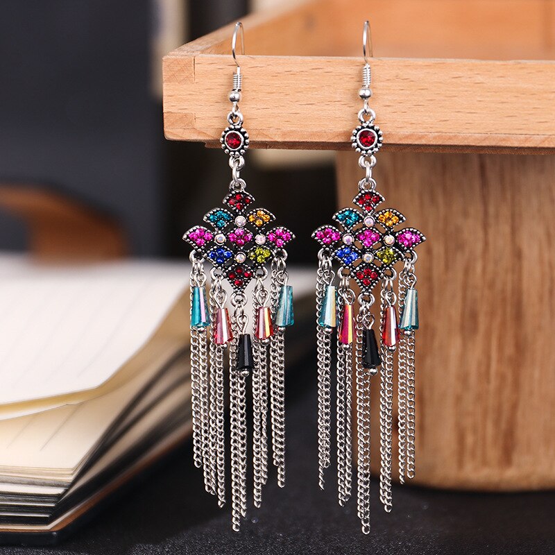 Bohemian Long Tassel Earrings 2022 Trend Water Alloy Crystal Beads Women Vintage Rhinestone Chain Earrings: E1938Multicolour