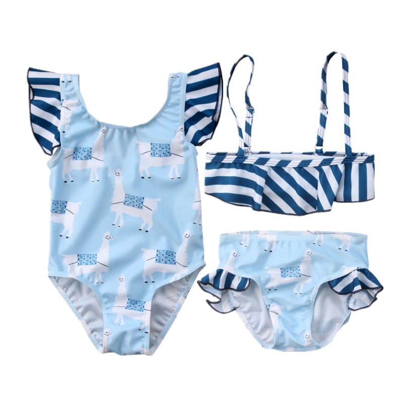 Newborn Baby Girls Summer Swimsuit Cute Cartoon Alpaca Striped Toddler Kids Bikini Set Cute Baby Swimwear Bathing Swimsuit