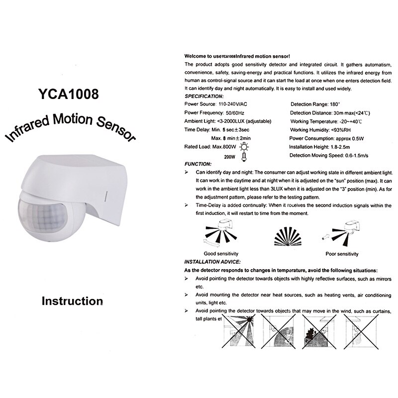 Motion Detector Automatic Infrared PIR Sensor Motion Sensor 110v~230v 180 Degree Rotating Outdoor Timer Light Switch
