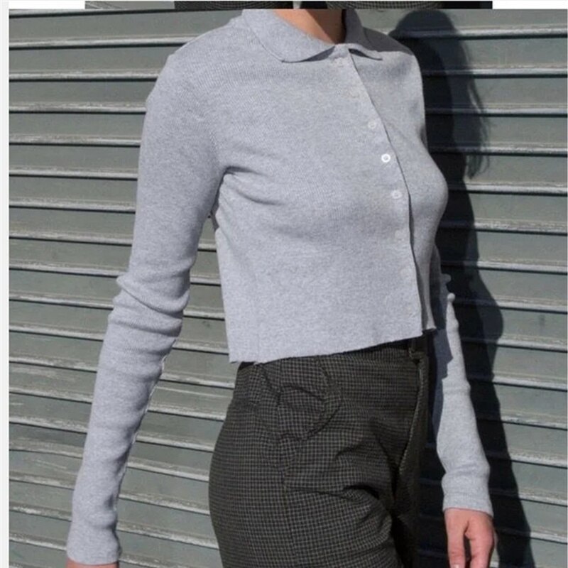 Polo liso de manga larga para mujer, camiseta ajustada acanalada de algodón, con botones, para chica, gris, negro y blanco