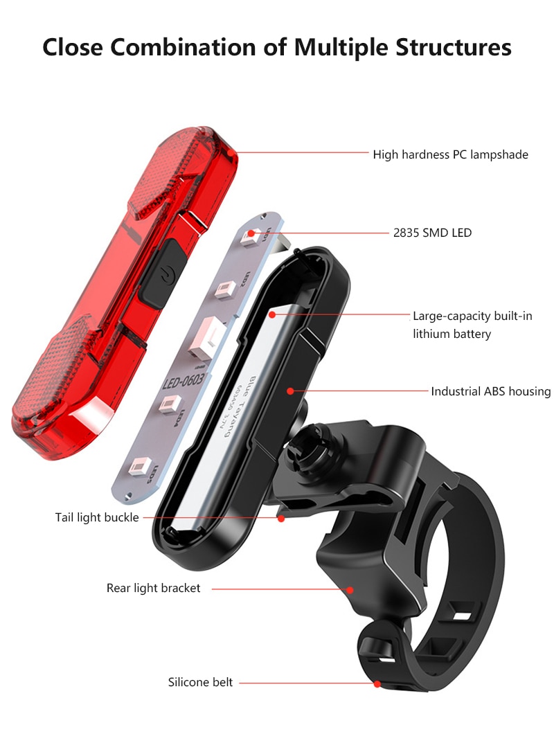 Bike Bicycle Lights Waterproof Power Safety LED USB Rechargeable Warning Light Flashlight Rear Tail Light Lamp for Night Cycling