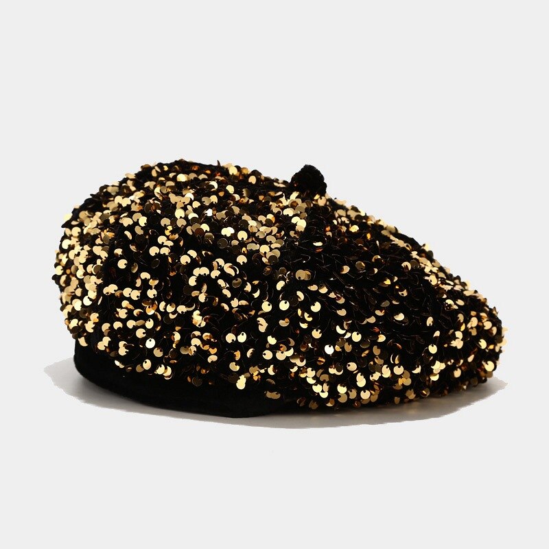 Paljett kvinnor mössa tjej basker tjej party cap festival scen show hatt bling bob hip hop huva åttkantig hatt zz -278: Guld-