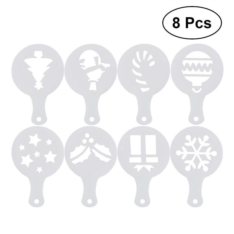 8Pcs Coffee Latte Cappuccino Barista Art Stencils Cake Duster Templates Coffee Tools Christmas /Valentine Coffee Stencils: Christmas