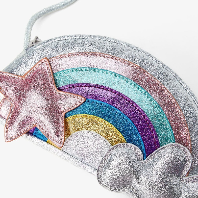 Fel glanzende regenboogkleurige leren crossbodytas in de kleur nebula zilver, kleine schoudertas, mini-kindertas