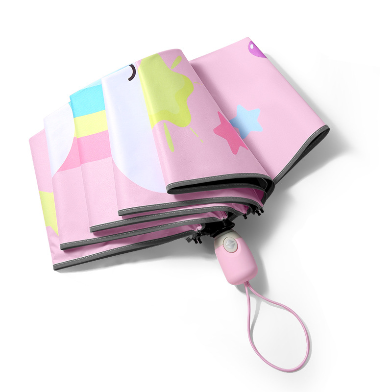 Ombrello pieghevole, simpatico unicorno, dinosauro, piccola tigre spaziale, ombrello per protezione solare alla moda, ombrello dal design a strisce riflettenti