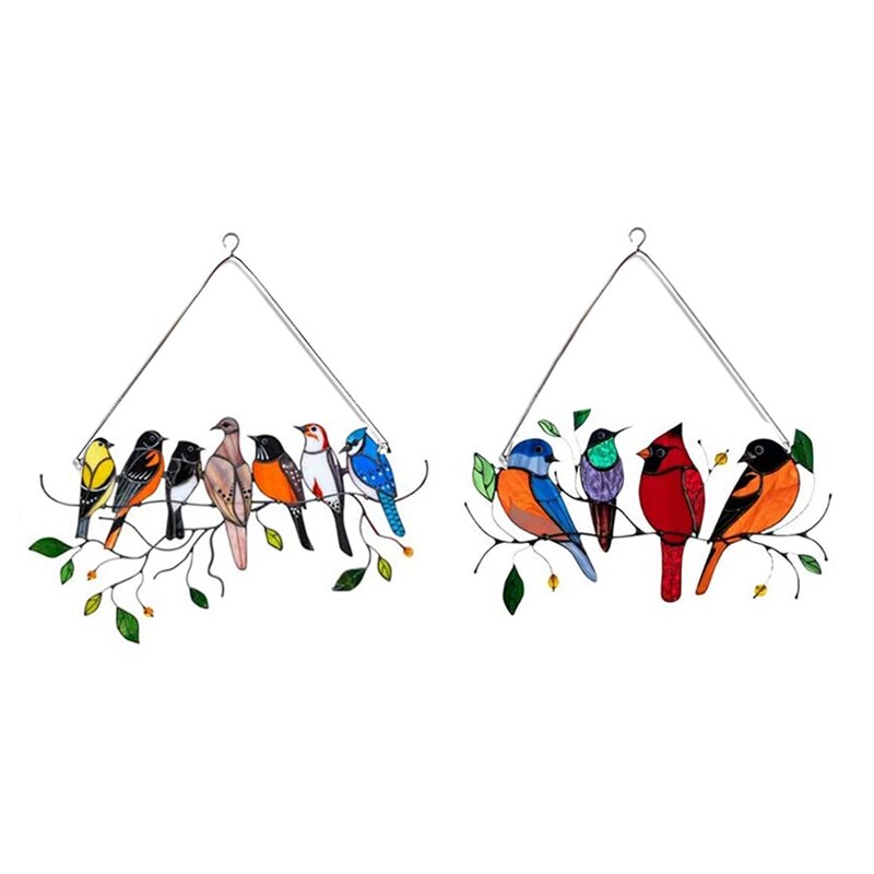 2PCS Birds Stained Glass Window Hangings, Birds on Wire, Stained Glass Birds Window Hangings Large Panel, Suncatcher: Default Title