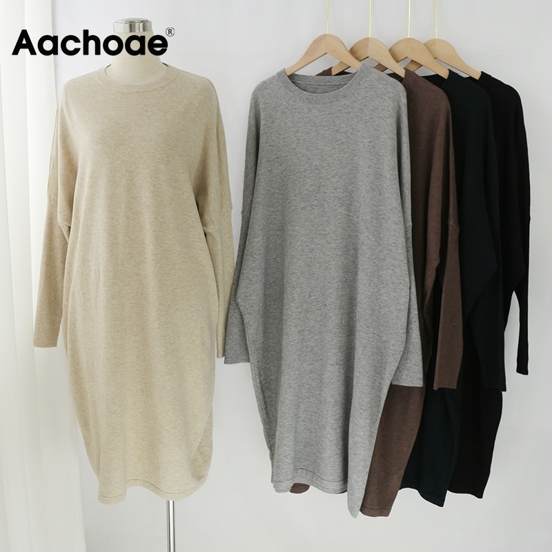 Aachoae lös o hals stickad tröja klänning kvinnor solid batwing långärmade mjuka klänningar hemstil casual midiklänning vestidos