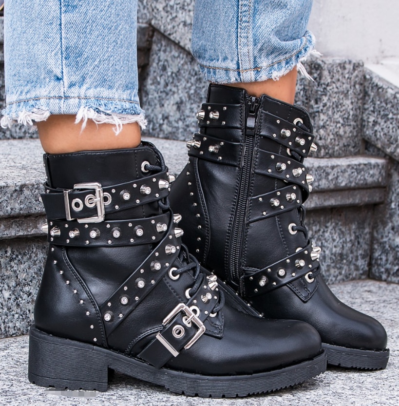 [gogd] botines negros con hebilla y correa para mujer, zapatos con remaches, zapatos punk de motocicleta de pu para mujer