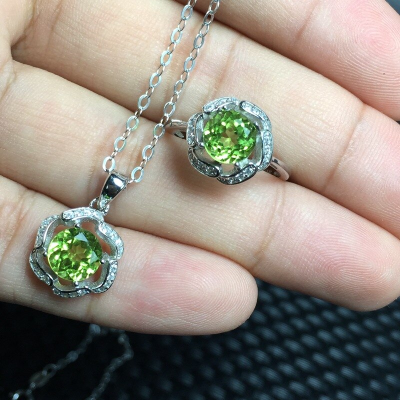 KJJEAXCMY gioielli Peridoto Naturale delle Donne Del Pendente + impostato di Anelli in Argento sterlina intarsio