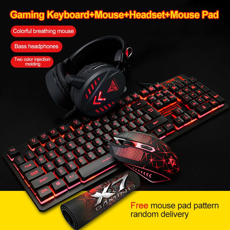 3/4Pcs LED Backlit GamerMechanical Keyboard+Gaming Mouse+Headset +Mouse Pad Wired Backlight Desktop Ergonomic Keyboard Set: as show 04