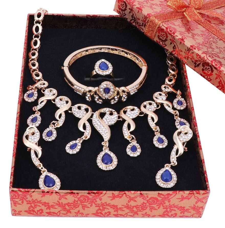 Goud Kleur Crystal Afrikaanse Kralen Sieraden Sets Voor Vrouwen Jurk Accessoires Bruiloft Bruids Ketting Oorbellen Armband Ring Sets: Blue Set Add Box