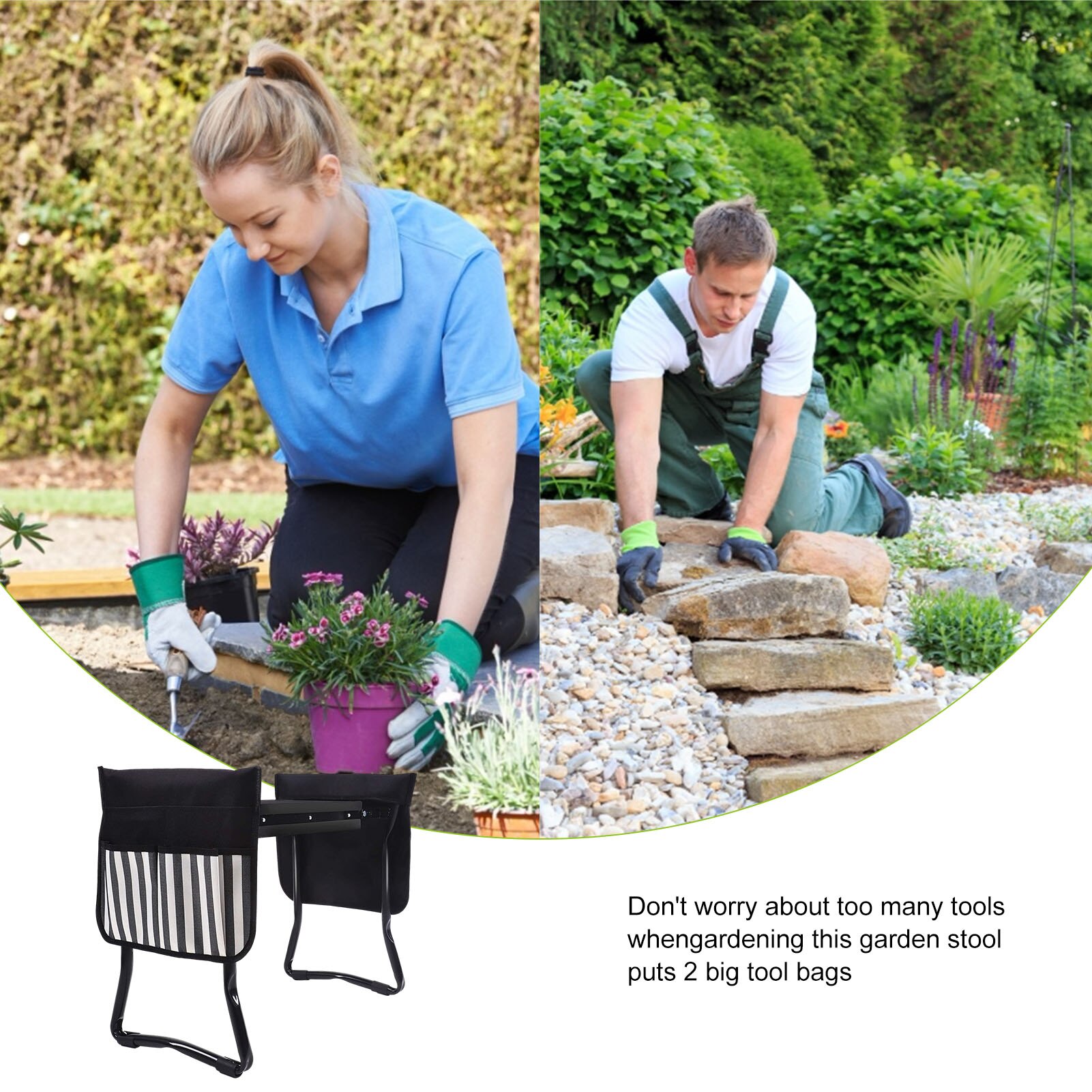 Garden Folding Stainless Kneeler Multi-Functional Seat Removable with 2 Tool Bags EVA Kneeling Pad Gardening