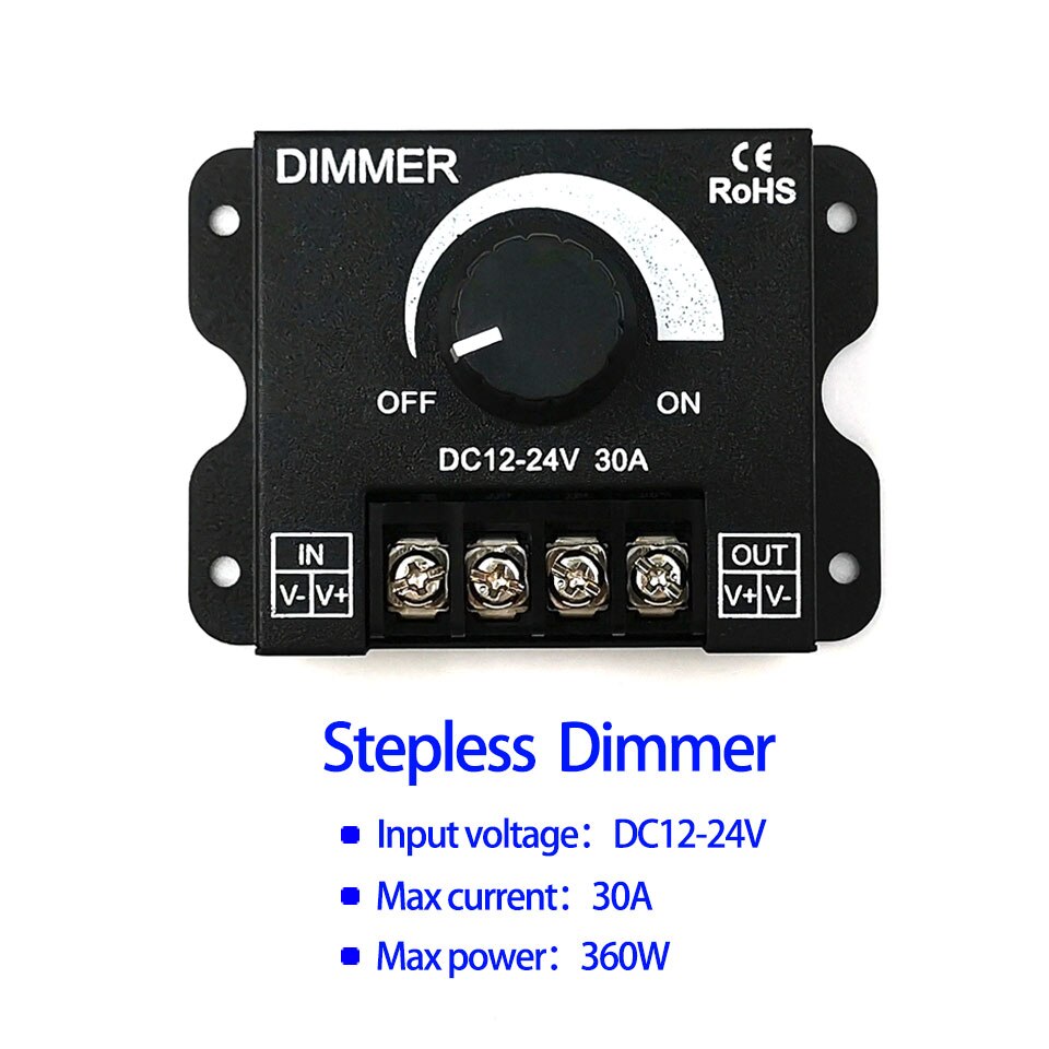 DC12-24V Lighting Dimmer for LED Lights 8A 30A Stepless LED Dimmers 10W 50W 100W 200W 300W Brightness Dimming Switch Controller: black