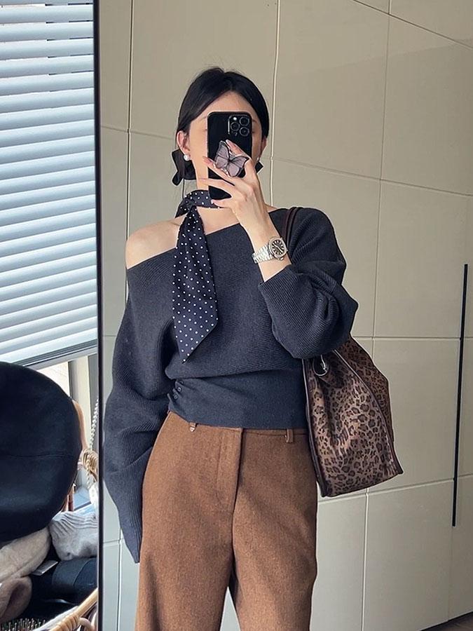 Otoño Invierno Beige fuera del hombro botón manga larga suéter mujeres francés gris versátil corto tejido Top tendencia: Gris oscuro