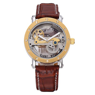 SHENHUA mannen Bridge Analoge Weergave Mechanische Horloge Skeleton Automatische Zelf Wind Man Klok Lederen Band Relogio Masculino: Gold Brown