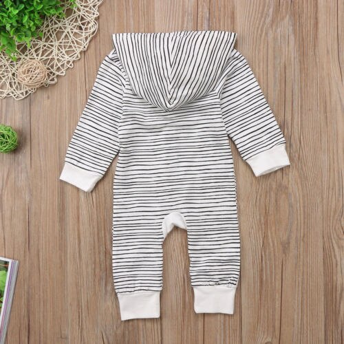 Long sleeve Buttons Decor Stripe Hooded Romper Jumpsuit For Baby Boy