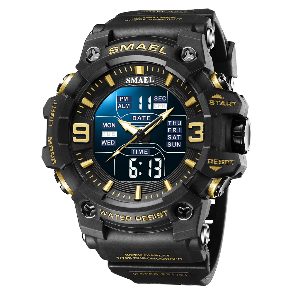 Smael 8049 Horloge Sport Led Licht Wekker Dual Time Display Waterproof Week Auto Date Polshorloges Quartz: Goud