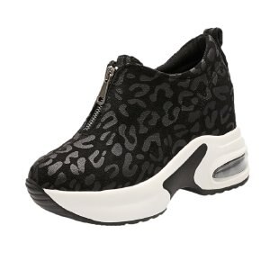 Vrouwen Sneakers Leopard Hoogte Toenemende Vrouw Gevulkaniseerd Schoenen Dikke Bodem Rits Vrouwtjes Wiggen Dames Casual Schoenen: black / 5