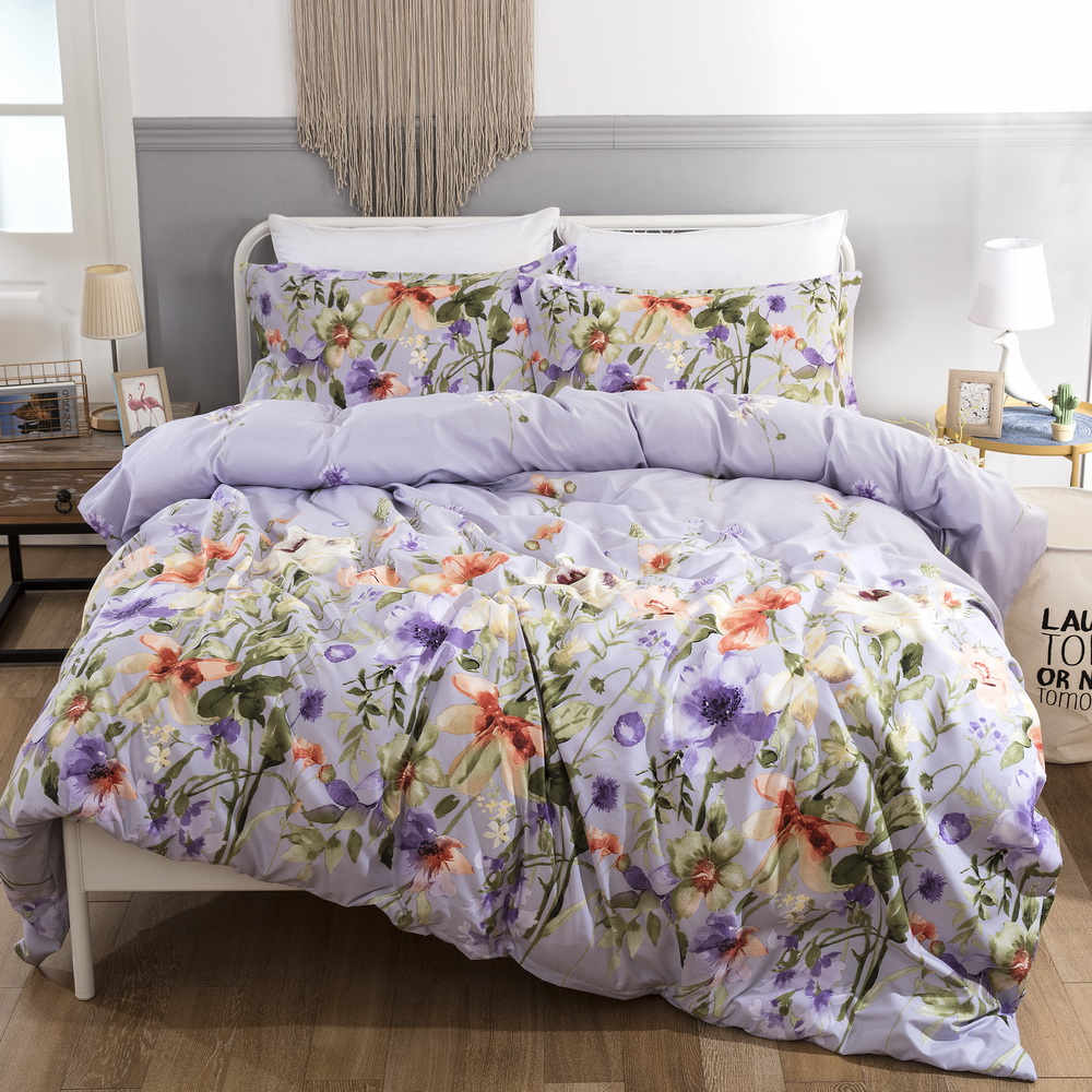 Bonenjoy Double Bed Linen Set Flower Reactive Printed Queen Size Duvet Cover Sets King Size Bedding Purple Floral Bed Covers: type 2 / UK Double 3pcs