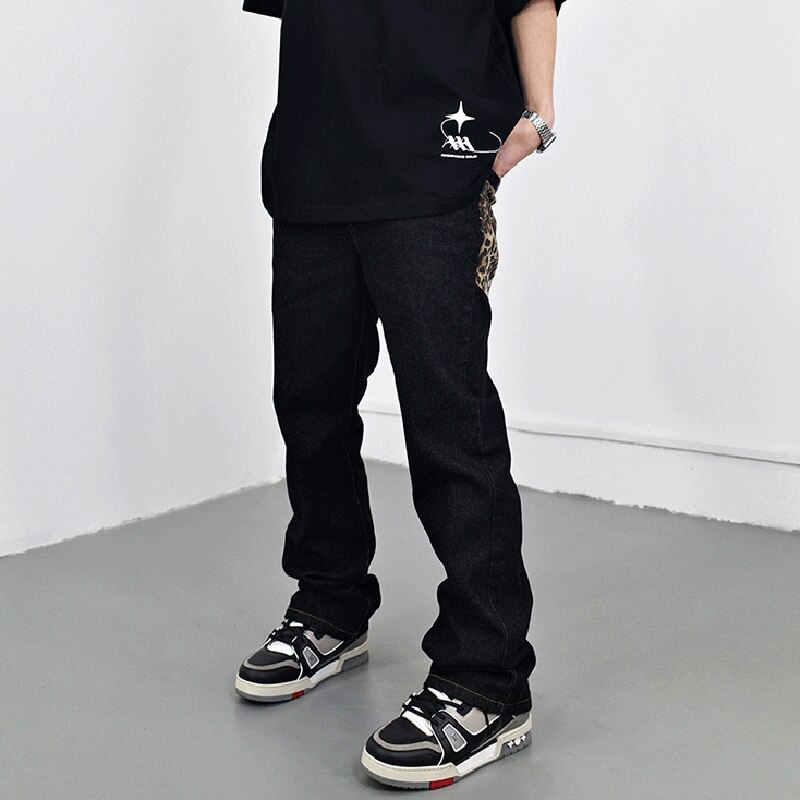 Achterzakken Leopard Stars Borduren Ripped Spliced Heren Denim Broek Lente High Street Oversized Casual Losse Jeans Broek