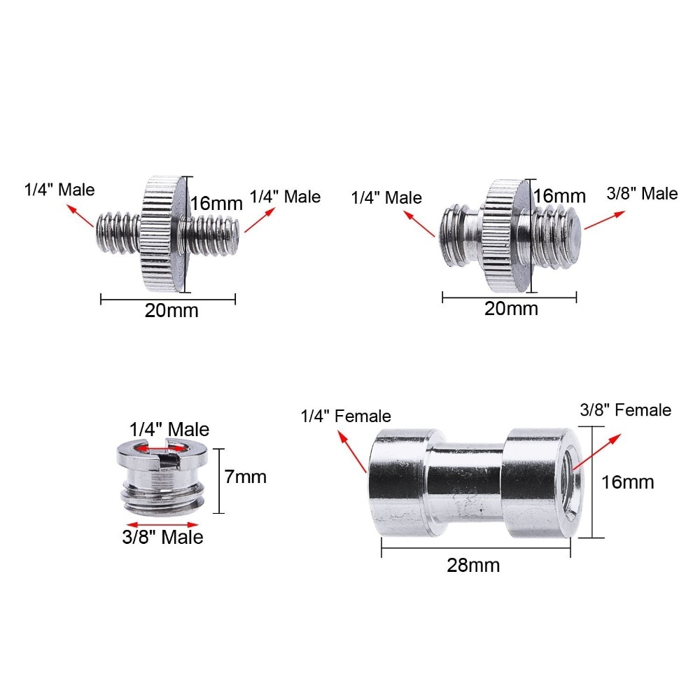 1/4 Inch and 3/8" Converter Threaded Screws Adapter Mount Set for Camera/ Tripod/ Monopod/ Ballhead/ Light Stand/ Shoulder Rig