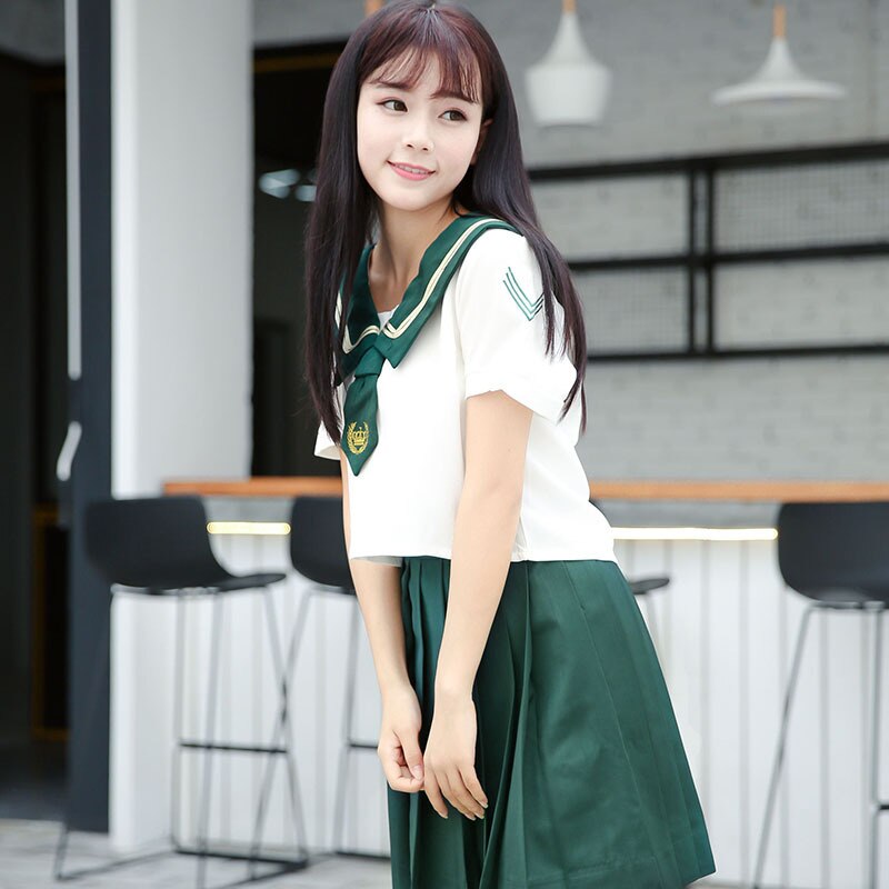 Uniforme de estudiante japonés Jk, traje de Sailor verde, Falda plisada de Cosplay universitario, traje de manga corta con lazo, S-XXL