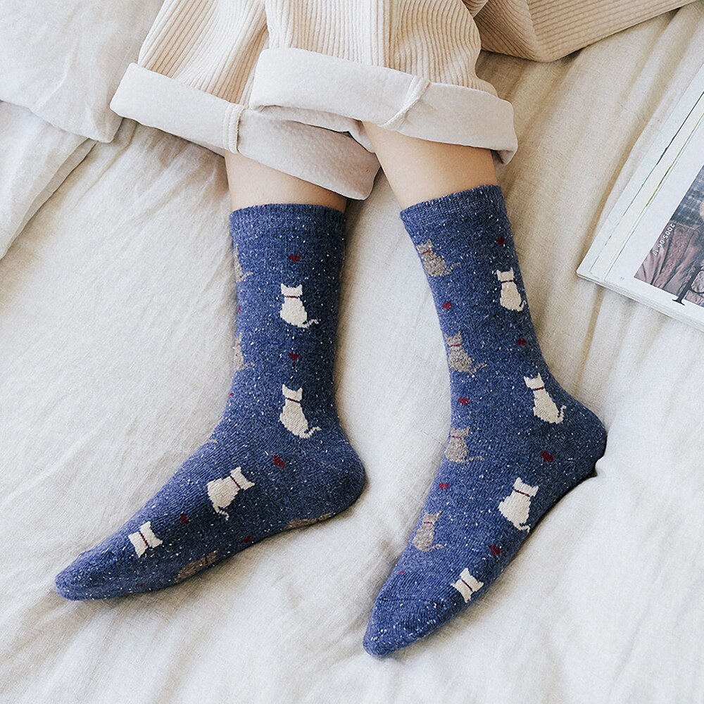 Calcetines con estampado de gato para mujer, medias de lana gruesa y suave con dibujos animados, accesorios de ropa cálidos para Otoño e Invierno