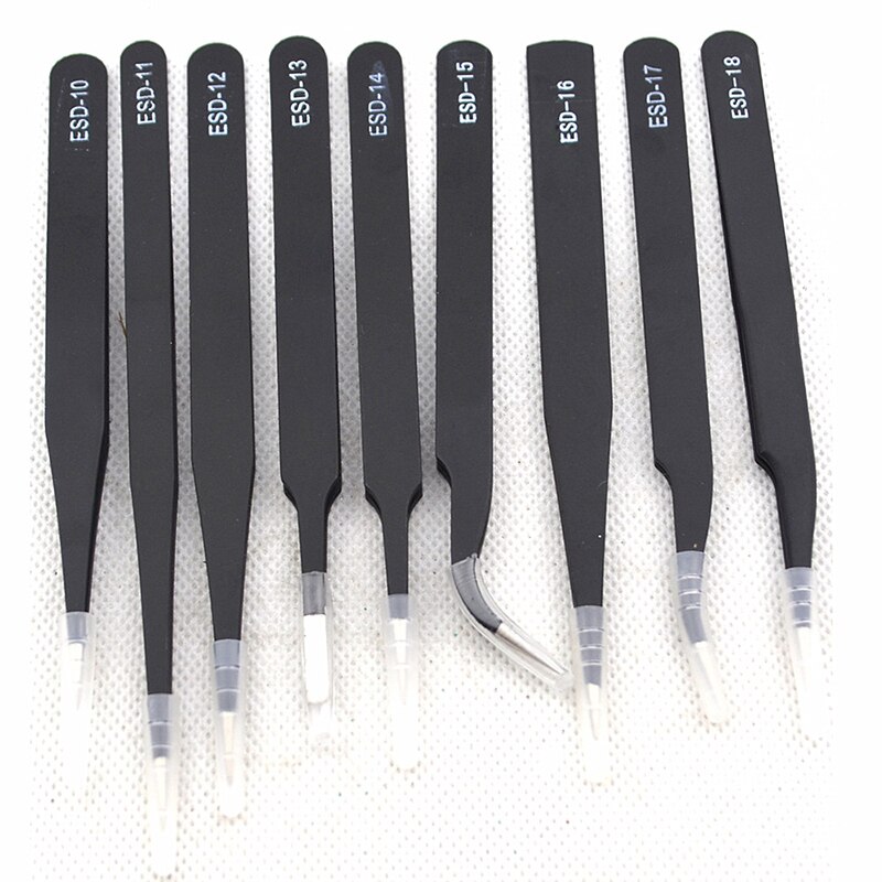 9 pièces antistatique ESD En Acier Inoxydable Pince À Épiler Outils de Maintenance De Précision Industrielle Courbé Brucelles Droites Outils De Réparation