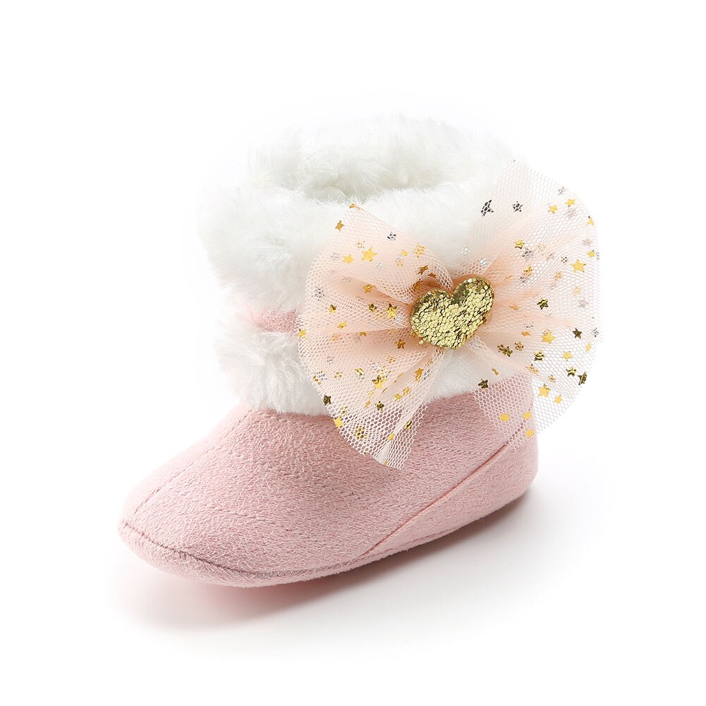 Sneeuwlaarzen voor babymeisjes, zachte zool, antislip, comfortabele voering van imitatiebont, enkellaarsjes met schattige strik van tule: Roze / 7-12 maanden