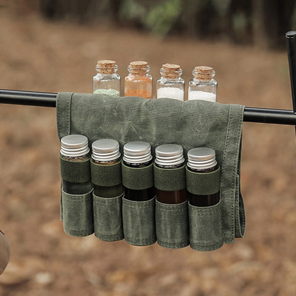 9pcs Outdoor Spice Bottles Set with Storage Bag Folding Wax Canvas Large Capacity Camping Hiking Bushcraft Picnic Crafts Vials