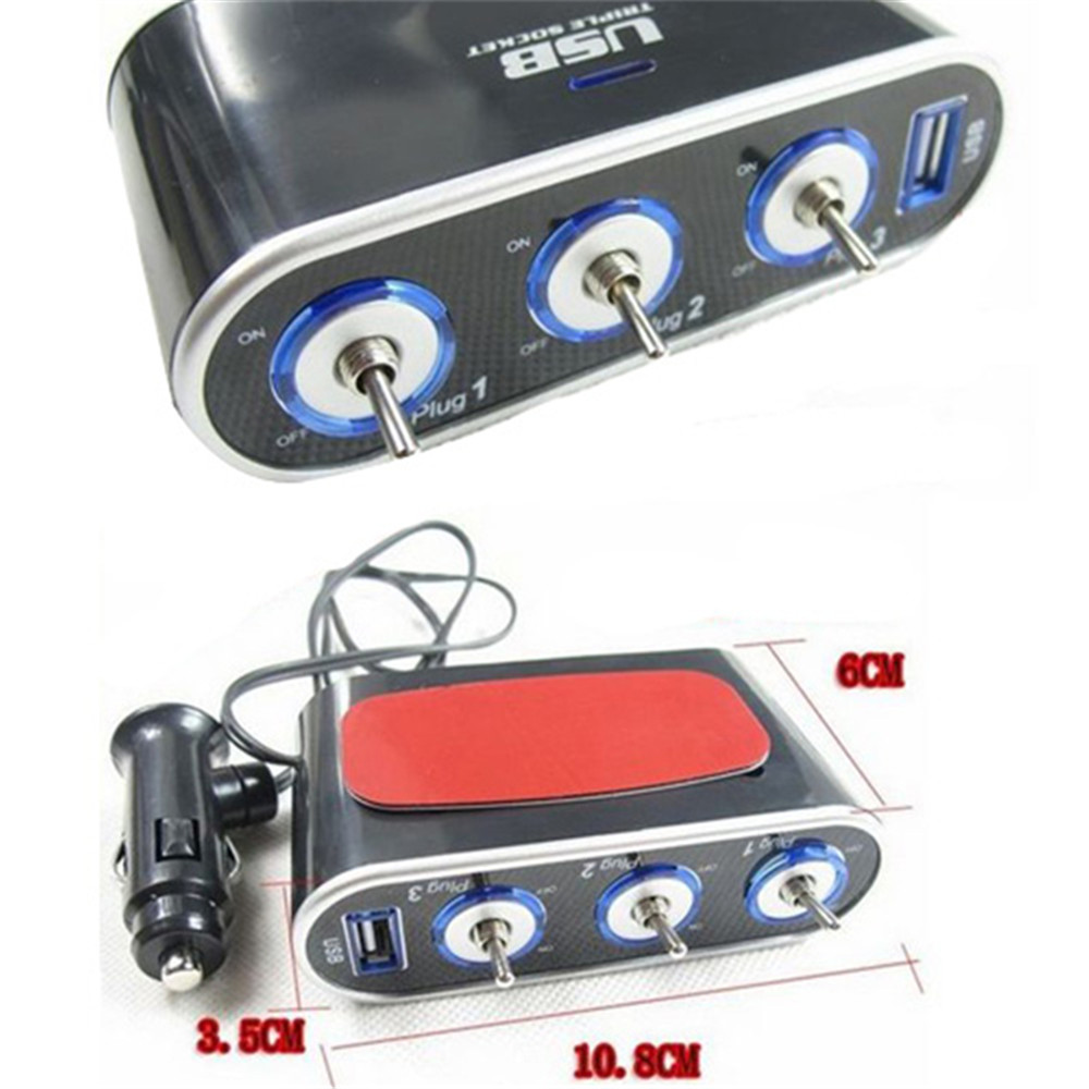 Duurzame Auto Laders Mini Usb Autolader Switch 3 Way Triple Sigarettenaansteker Splitter Led Light Switch