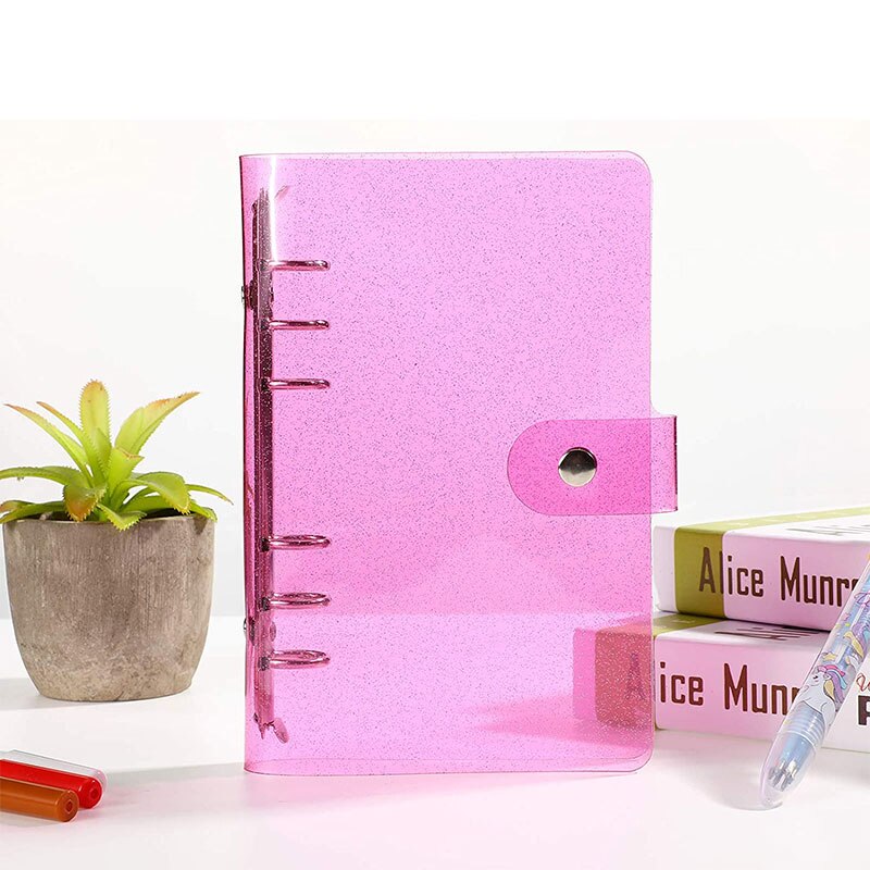 A6 soft PVC 6-ring binder cover with flashing transparent notebook zipper bag loose-leaf core book with snap button close binder: Rose