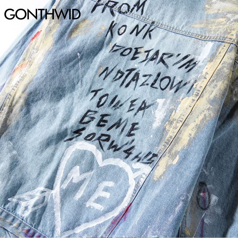 GONTHWID encre Graffiti imprimer Denim manteaux Hip Hop Punk Rock jeans décontractés vestes Streetwear hommes Hipster veste Outwear homme