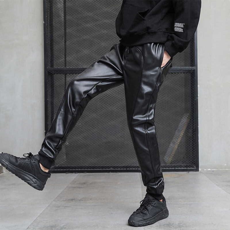 Idopy Men`s Autumn Faux Leather Joggers Harem Pants Hip Hop Ankle Cuffed Elastic Waist Drawstring PU Stretchy Trousers For Male