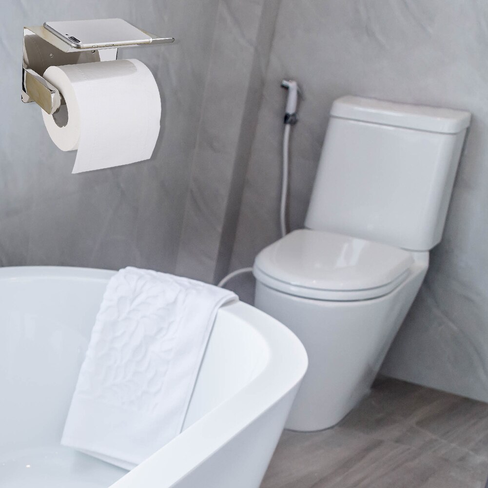 Rustfrit stål vægmonteret sølv toiletpapirholder silkepapirholder rulleholder med telefonopbevaringshylde adgang til badeværelset