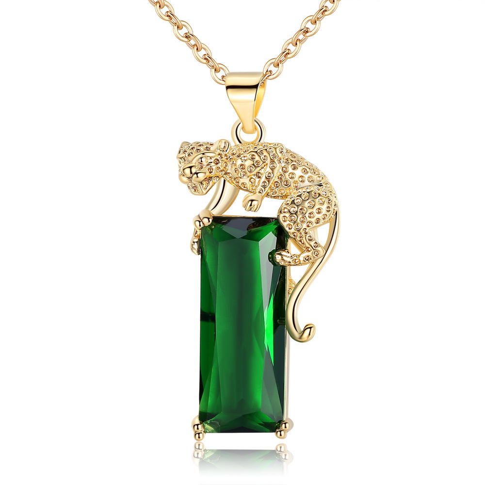 Geometrische Vierkante Groene Steen Hanger Ketting Goud Kleur Leopard Animal Kettingen Voor Mannen Vrouwen Mode-sieraden