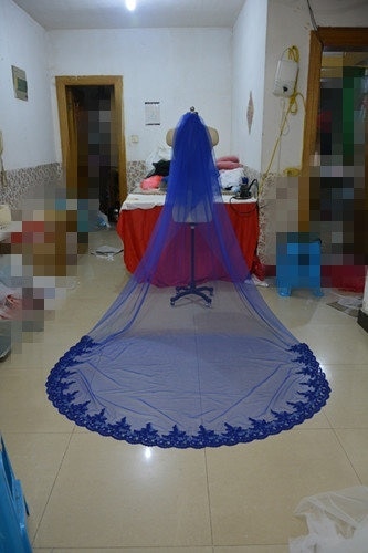 Velo de novia de 2 capas de encaje azul, velo de novia con peineta, accesorios de boda