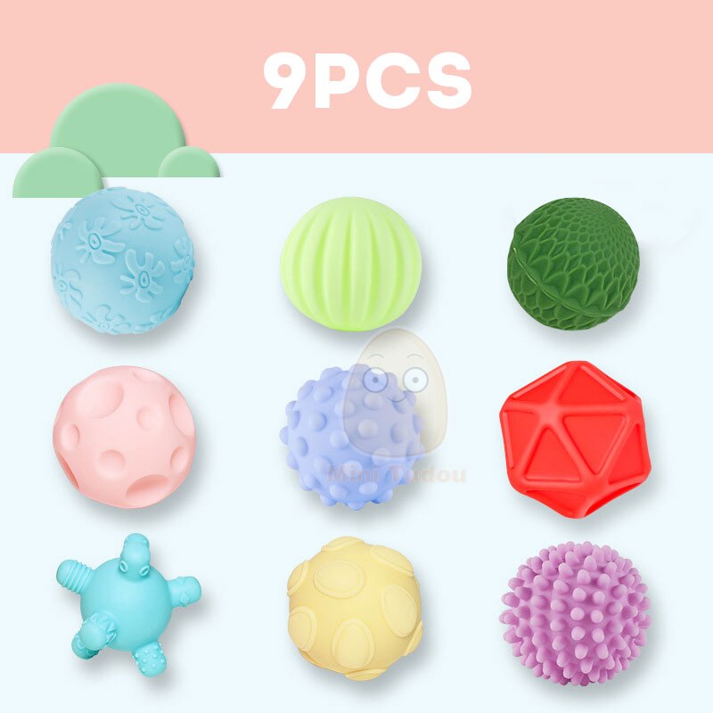 Baby gummiboll leksak spädbarn träning massage mjuk texturerad multi sensorisk beröring handboll set pedagogiska leksaker för barn: 9 st