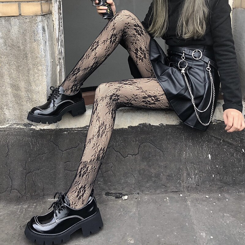 Collant gothique japonais en dentelle, bas en résille, noir, rétro, Rose, fleur, vigne, pantalon, amour, bas G, pour femmes: As Image4