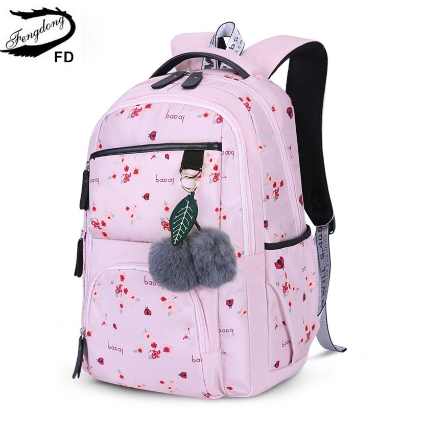 Fengdong cute school bags for teenage girls korean style school backpack for girls fur ball decoration children bag girl: Pink