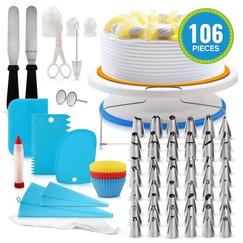 106pcs/set Cake Turntable Set Multifunction Cake Decorating Kit Pastry Tube Fondant Party Kitchen Dessert Baking Supplies: Blue sets 106pcs