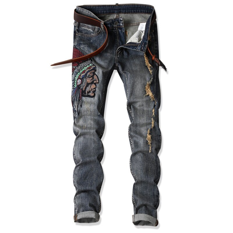 Pantalones vaqueros rectos para hombre, Jeans Retro rasgados, ropa informal ajustada, , bordados indios, novedad