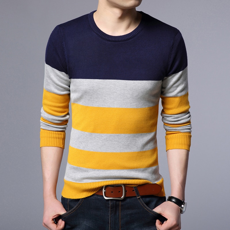 Misniki efterår afslappet herre sweater o hals stribet slim fit strik herre sweatere pullovere herre pull homme s -3xl jp52