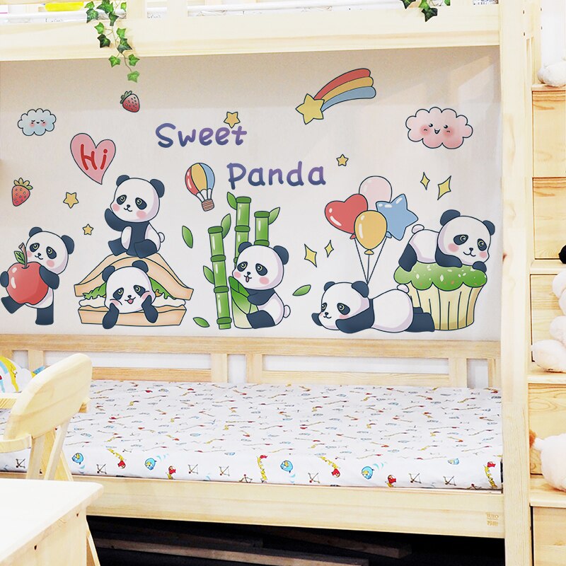 Black Pandas Animals Wall Stickers DIY Cartoon Bamboo Balloons Wall Decal for Kids Room Baby Bedroom Nursery Home Decoration
