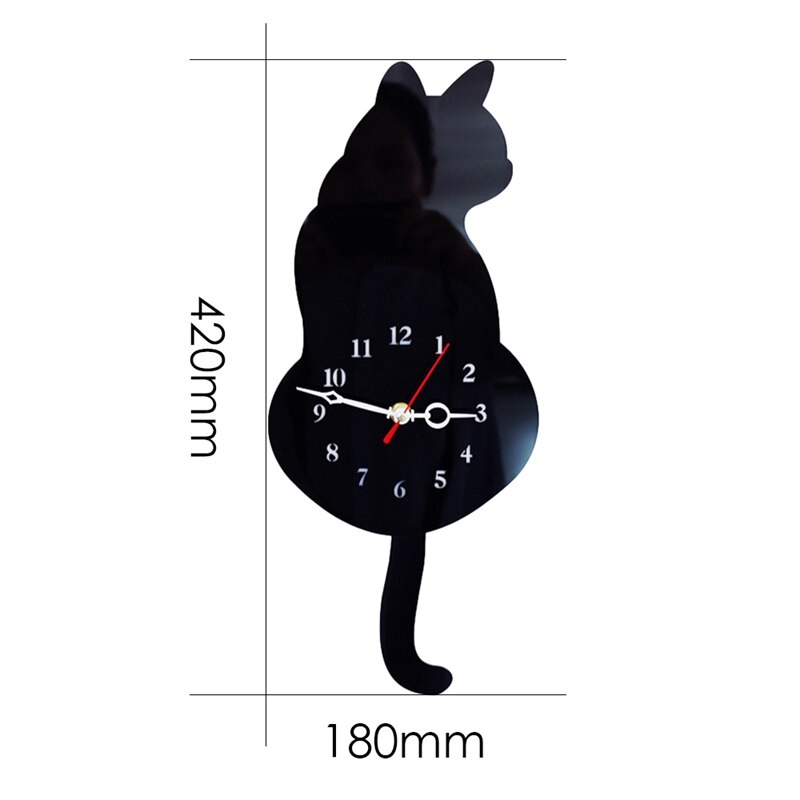 3D Cute Cat Wall Clock Wag Tail Silence Home Decoration Kids Black