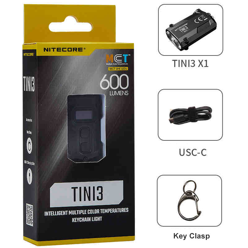 NITECORE TINI3 Intellgent Multiple Color Temperatures Keychain Light 600 Lumens EDC Flashlight for Outdoor Camping
